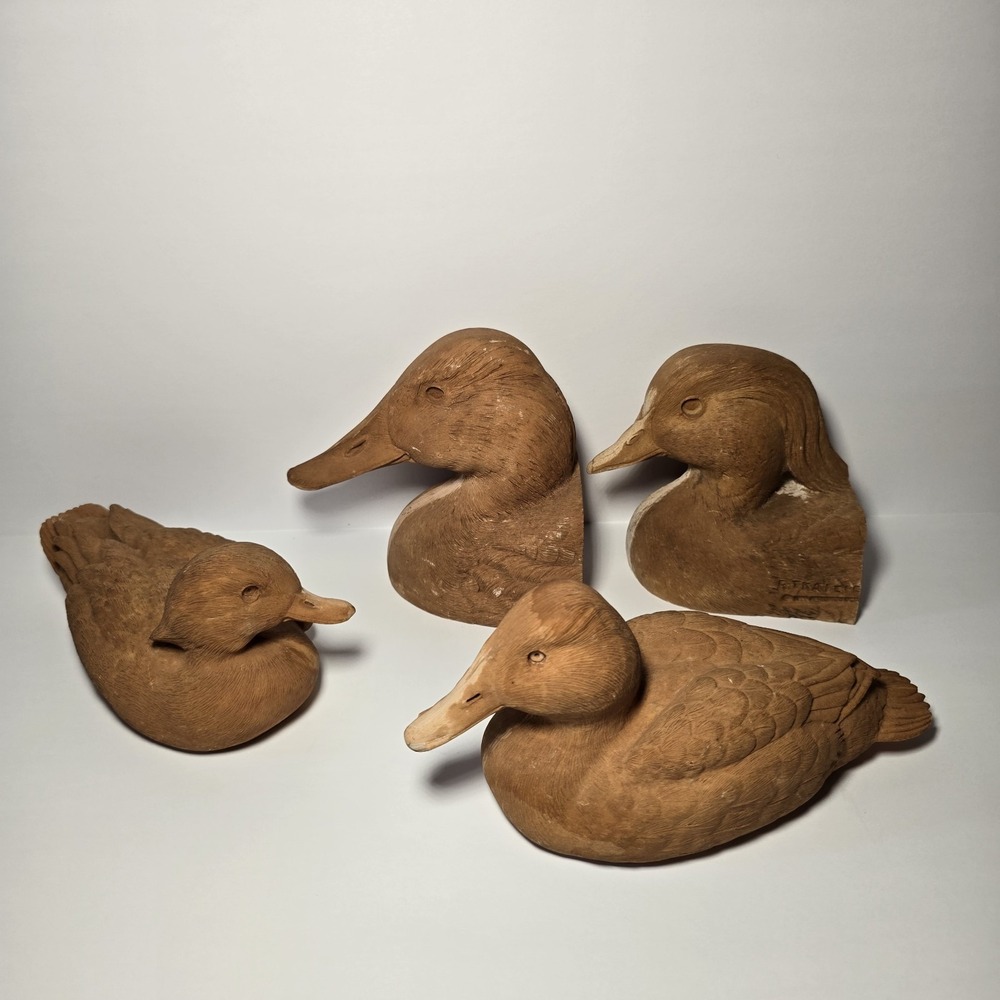 Lot Of 4 Rare Vtg Jennings Decoy Co Ducks Decor Bookends Resin Unpainted Signed